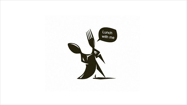 Lunch with me： 情侣午餐约会主题餐厅的标志设计。 叉子和勺子一起舞蹈。